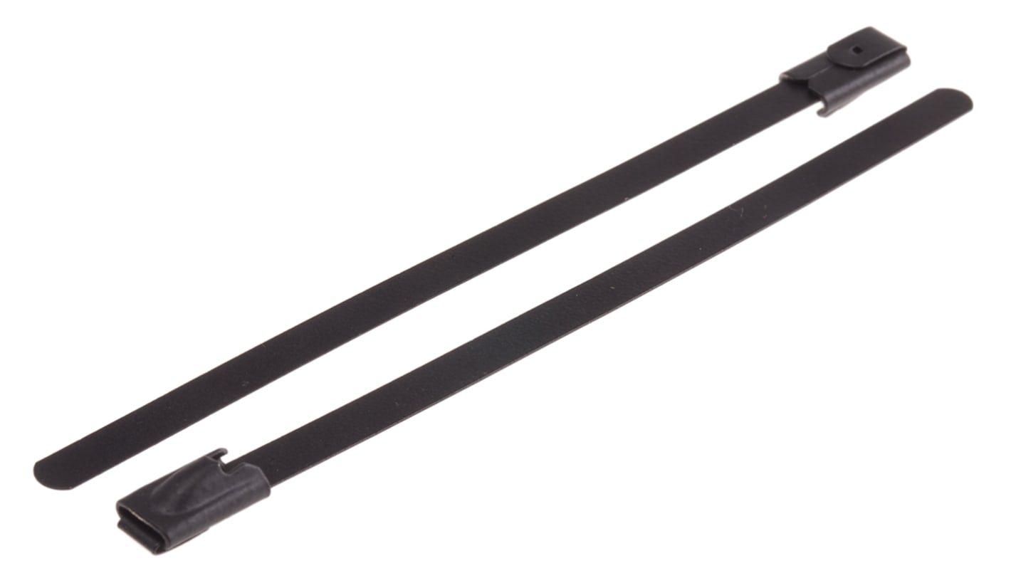 RS PRO Cable Tie, Roller Ball, 100mm x 4.6 mm, Black Polyester Coated Stainless Steel, Pk-100