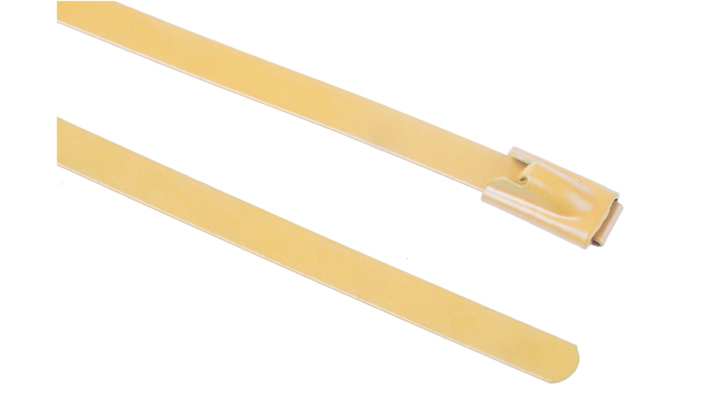 RS PRO Cable Tie, Roller Ball, 200mm x 4.6 mm, Yellow Polyester Coated Stainless Steel, Pk-100