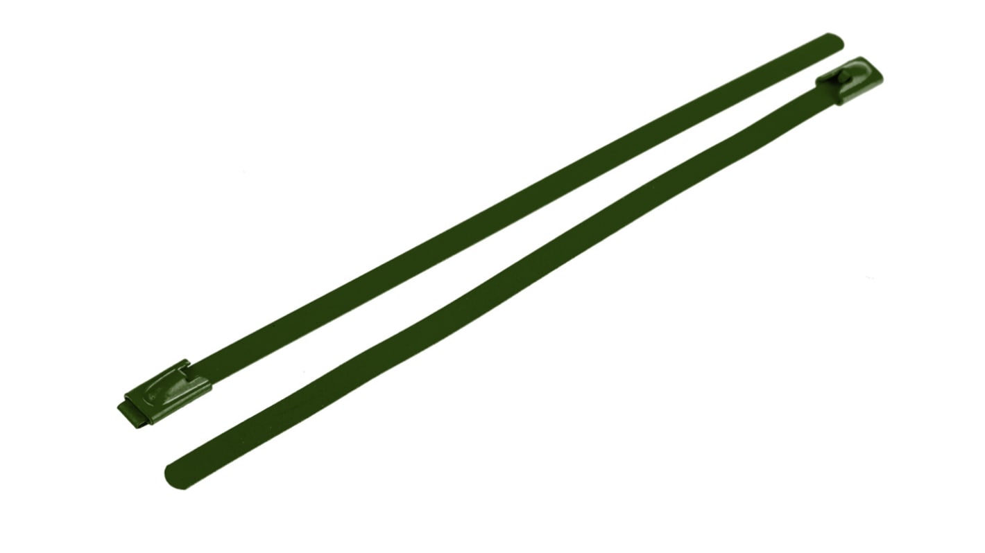 RS PRO Cable Tie, Roller Ball, 200mm x 4.6 mm, Green Polyester Coated Stainless Steel, Pk-100
