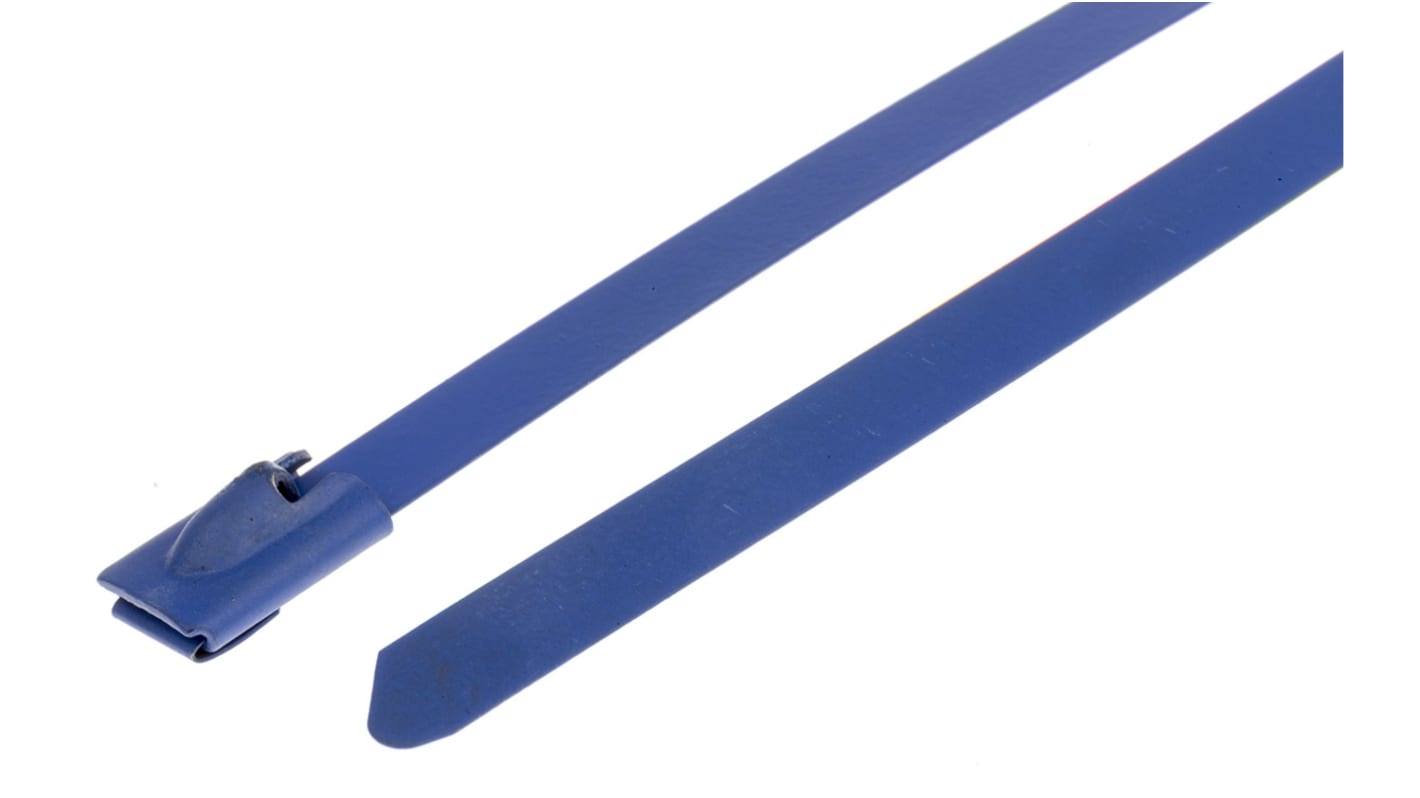 RS PRO Cable Tie, Roller Ball, 125mm x 4.6 mm, Blue Polyester Coated Stainless Steel, Pk-100