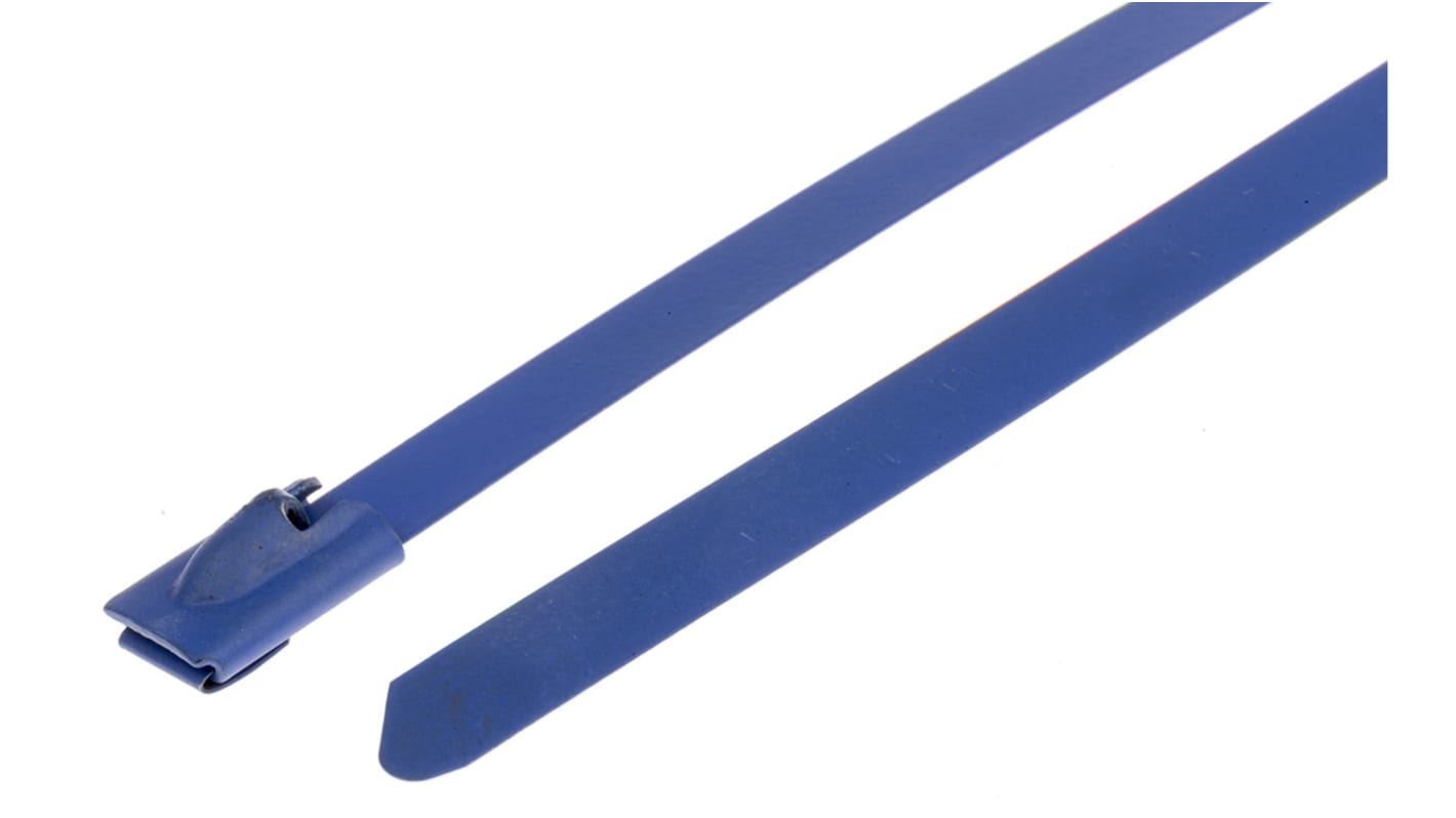 RS PRO Cable Tie, Roller Ball, 360mm x 7.9 mm, Blue Polyester Coated Stainless Steel, Pk-100