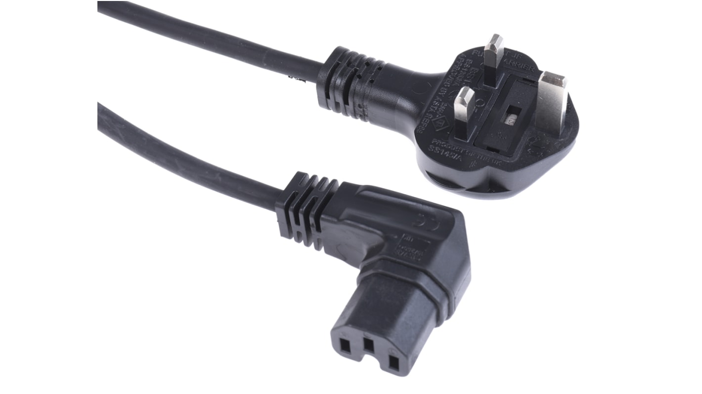 RS PRO Konfektioniertes Stromkabel, A IEC C15 / Buchse abgewinkelt, B UK-Stecker Typ G / Stecker abgewinkelt, 10 A, 2m