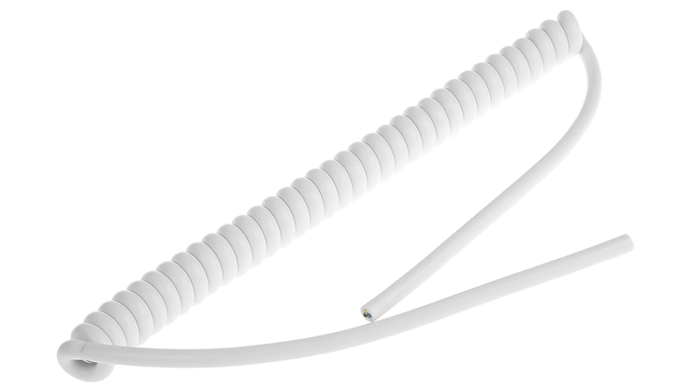 RS PRO Coiled 0.25 mm² 3 Core Power Cable, H05VVH8-F, White PVC, 1m
