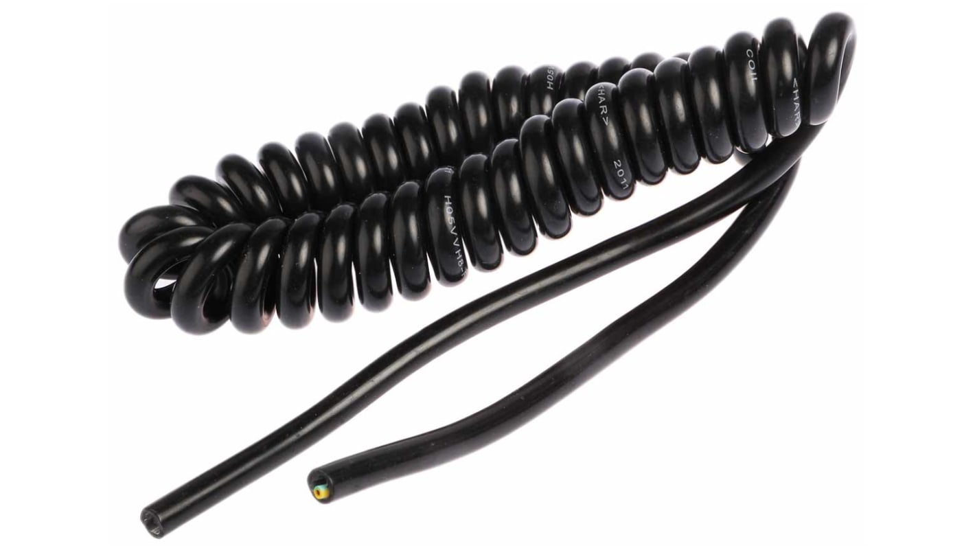 RS PRO Coiled 0.75 mm² 3 Core Power Cable, H05VVH8-F, Black PVC, 1m