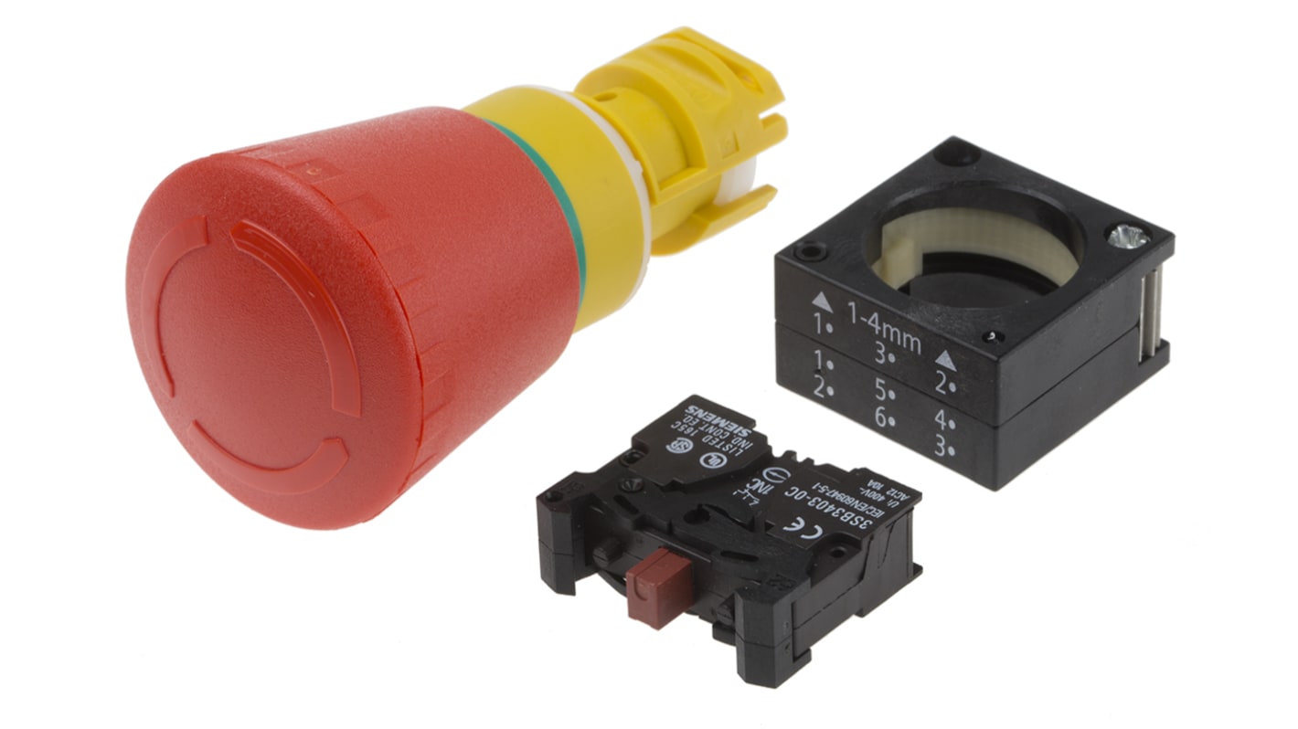Siemens 3SB3 Series Latching Emergency Stop Push Button, Panel Mount, 22mm Cutout, SPST, IP66