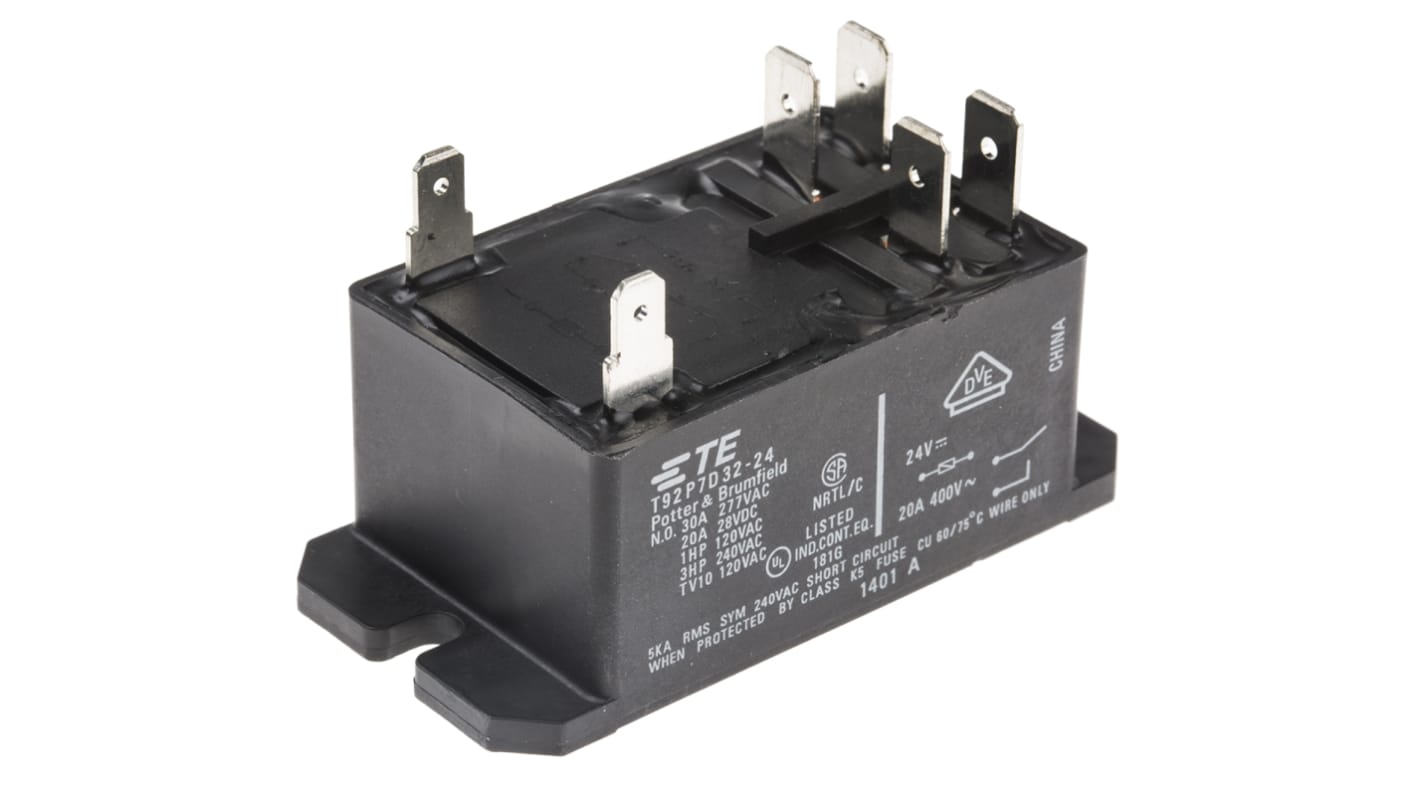 TE Connectivity PCB Mount Power Relay, 24V dc Coil, 30A Switching Current, DPST