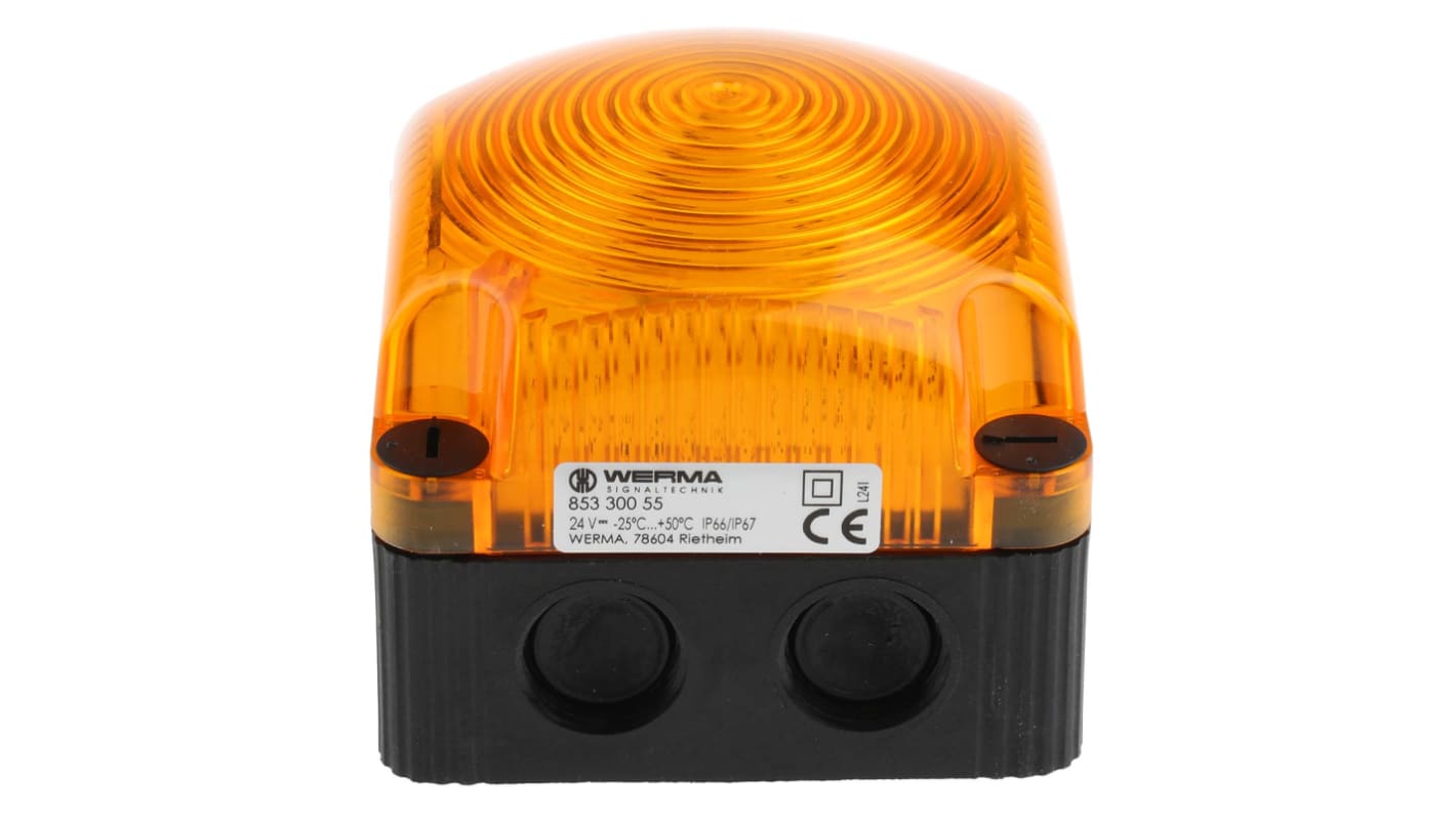 Werma BWM 853 Series Yellow Steady Beacon, 24 V dc, Surface Mount, Wall Mount, LED Bulb, IP66, IP67