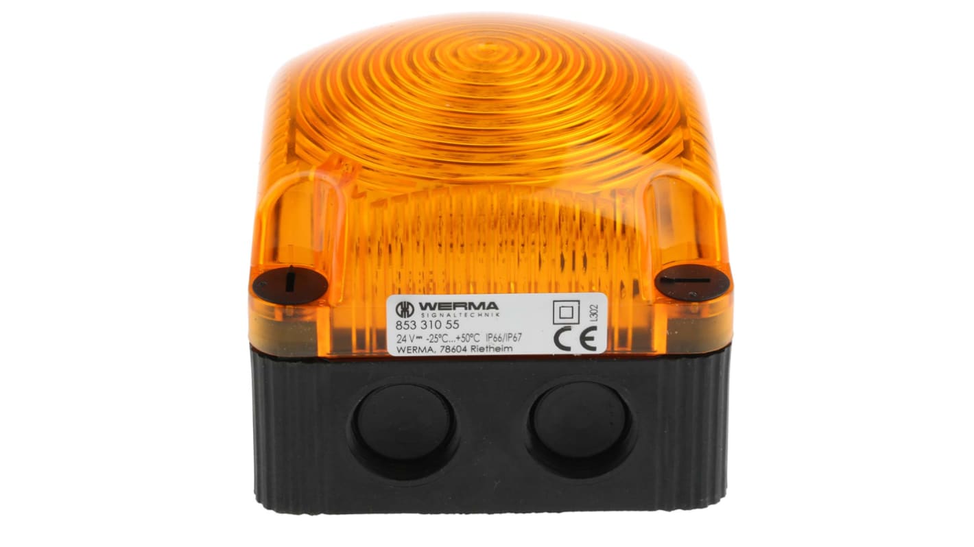 Werma BWM 853 Series Yellow Double Flashing Beacon, 24 V dc, Surface Mount, Wall Mount, LED Bulb, IP67