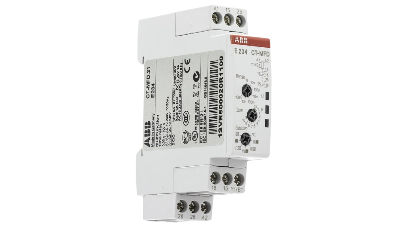 ABB 闪光启动关闭，闪光启动开启，脉冲关闭辅助电压，脉冲开启时间继电器, 240V电源, 0.05 → 360000s范围, 2触点