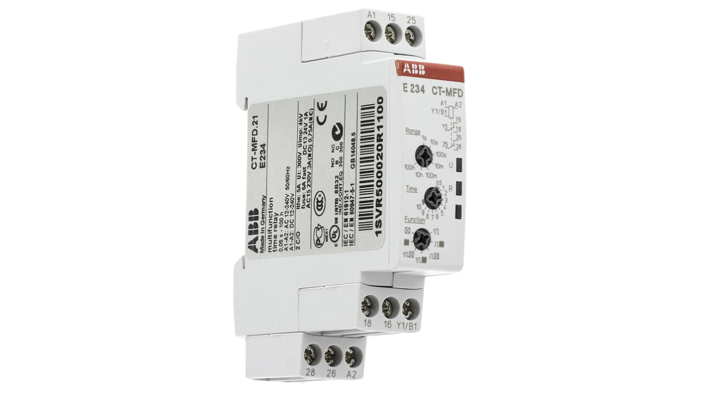 ABB Zeitrelais, DIN-Schienen, 0.05 s → 100h, 12 → 24V ac/dc, 2 Kont. Multifunktion, 2-poliger Wechsler