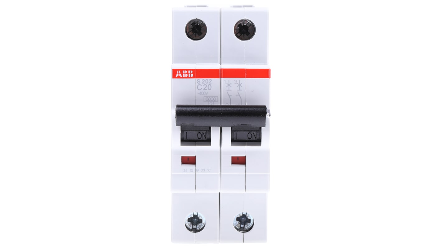 ABB S200 MCB Leitungsschutzschalter Typ C, Pol 2 20A 400V, Abschaltvermögen 6 kA System Pro M Compact