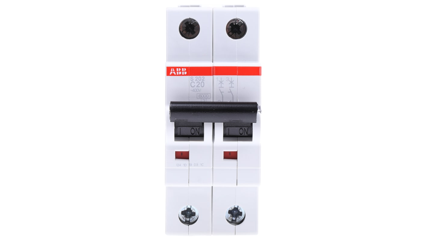 ABB System Pro M Compact S200 MCB, 2P, 20A Curve C, 400V AC, 125V DC, 6 kA Breaking Capacity