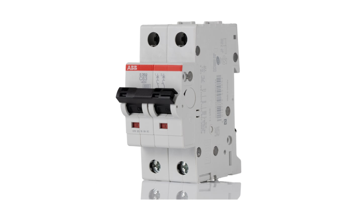 ABB C型MCB, 2极, 6 kA分断, 63A, 440VAC, 125VDC, S200系列 S202-C63