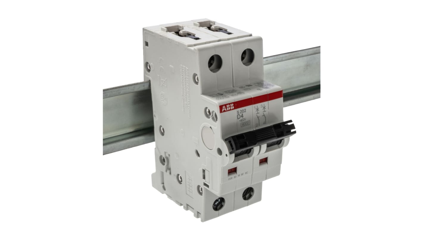 ABB System Pro M Compact S200 MCB, 2P, 4A Curve D, 400V AC, 125V DC, 10 kA Breaking Capacity