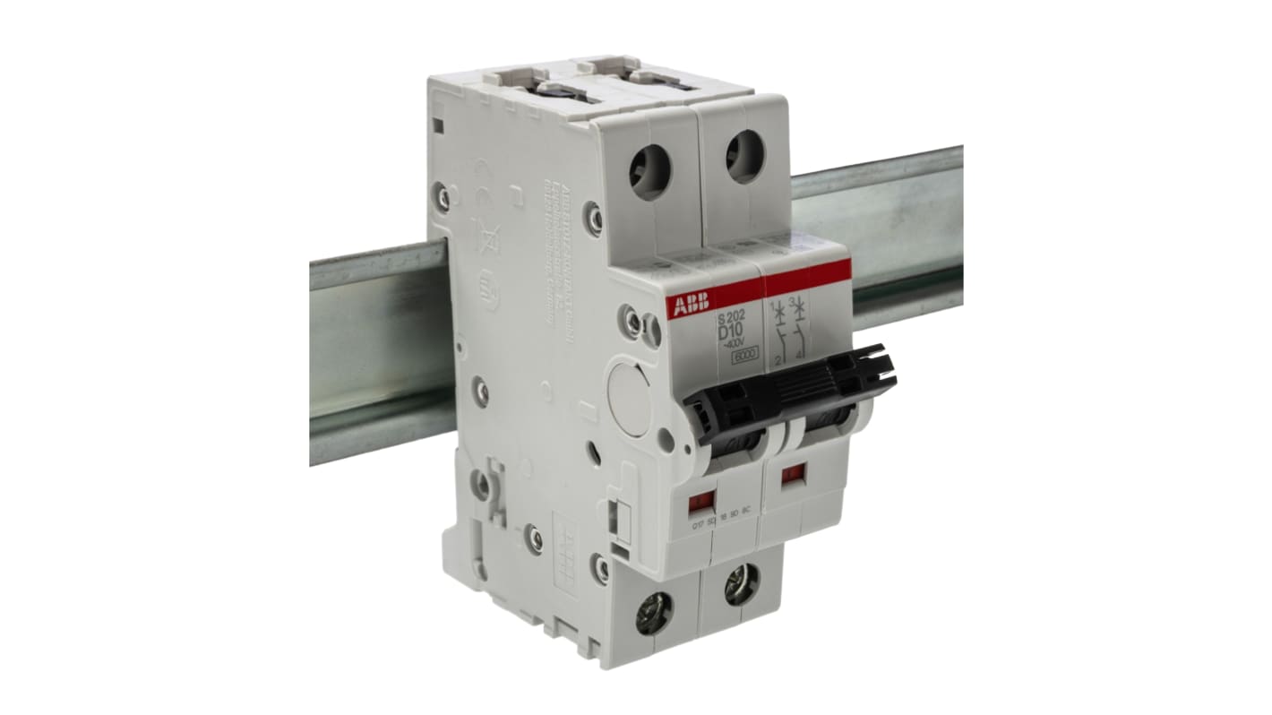 ABB System Pro M Compact S200 MCB, 2P, 10A Curve D, 400V AC, 125V DC, 10 kA Breaking Capacity