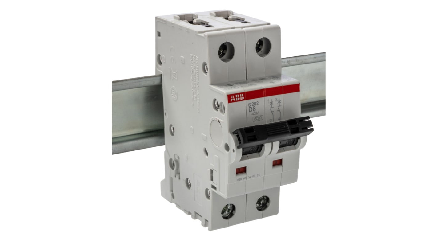 ABB System Pro M Compact S200 MCB, 2P, 6A Curve D, 400V AC, 125V DC, 10 kA Breaking Capacity