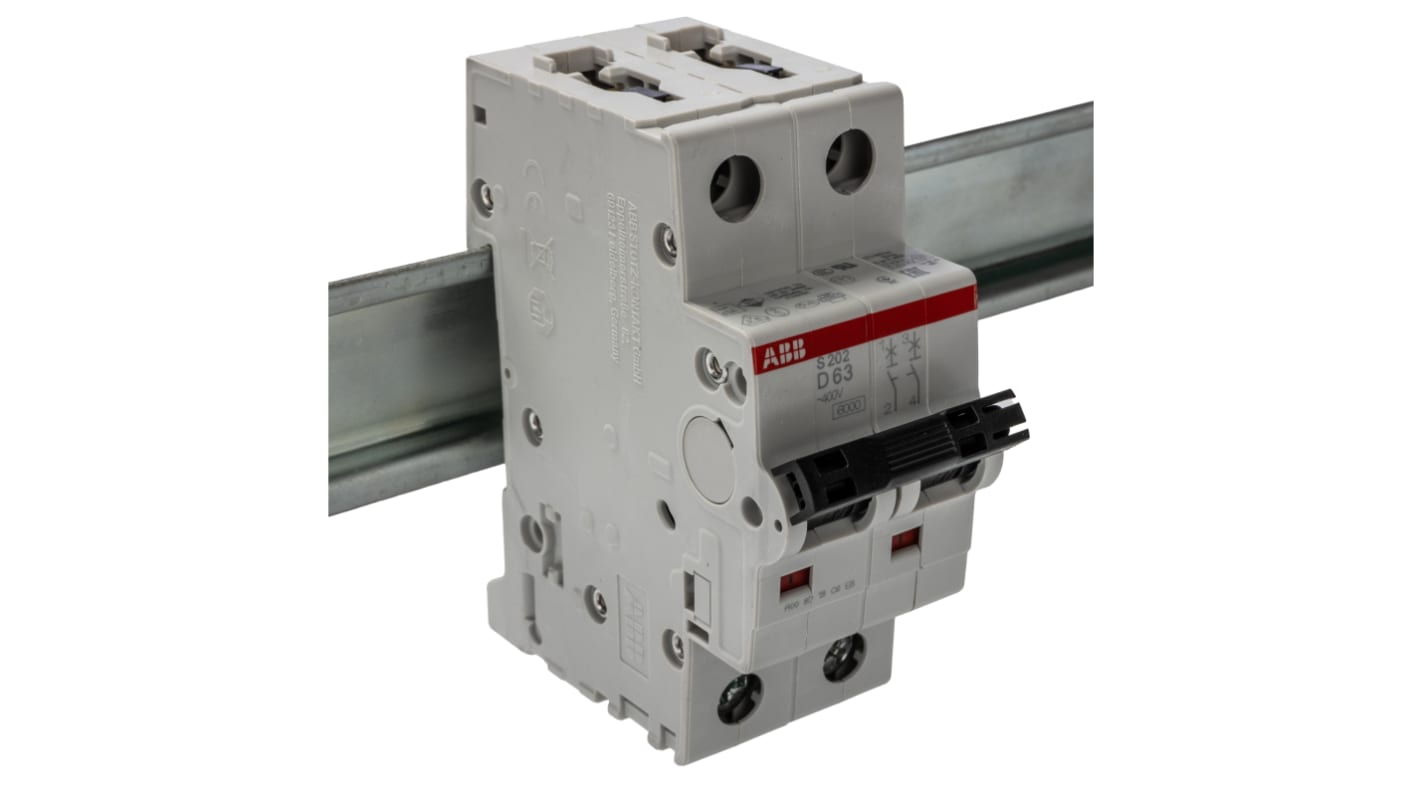 ABB System Pro M Compact S200 MCB, 2P, 63A Curve D, 400V AC, 125V DC, 10 kA Breaking Capacity
