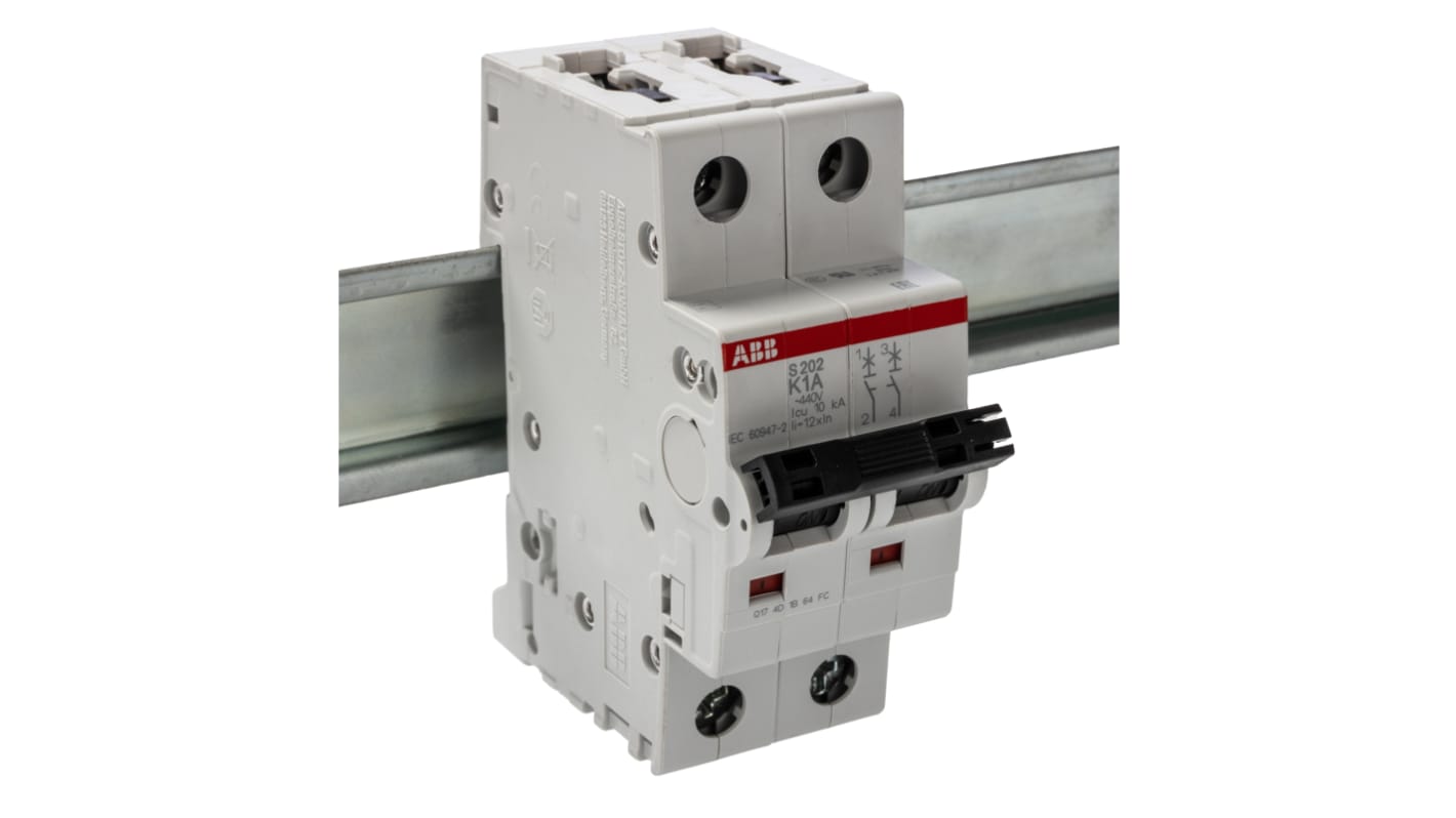 ABB K型MCB, 2极, 10kA分断, 1A, 400VAC, 125VDC, S200系列 S202-K1
