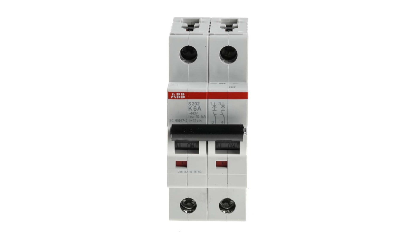 Interruptor automático 2P, 6A, Curva Tipo K, Poder de corte 6 kA S202-K6, System Pro M Compact, Montaje en Carril DIN