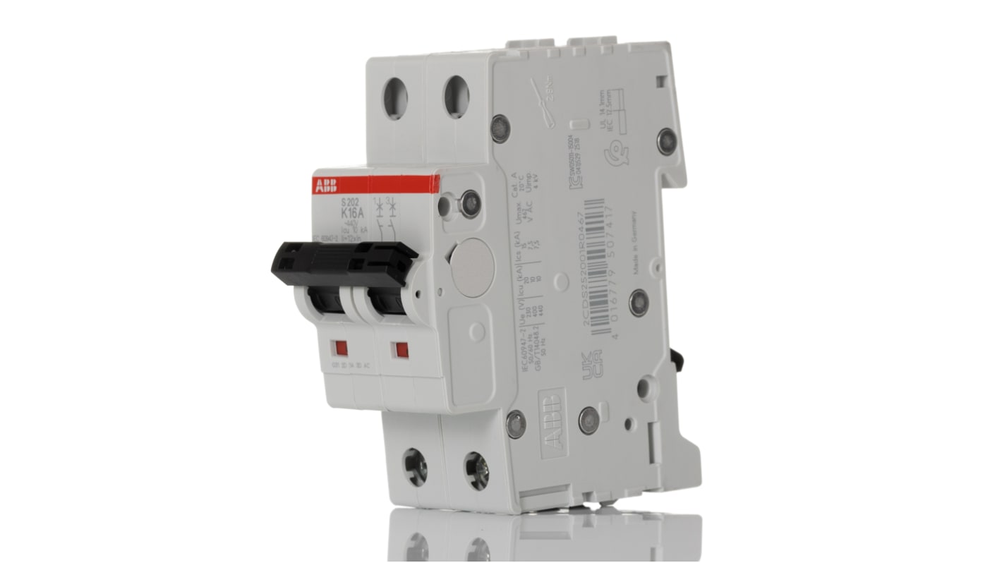 ABB System Pro M Compact S200 MCB, 2P, 16A Curve K, 400V AC, 6 kA Breaking Capacity