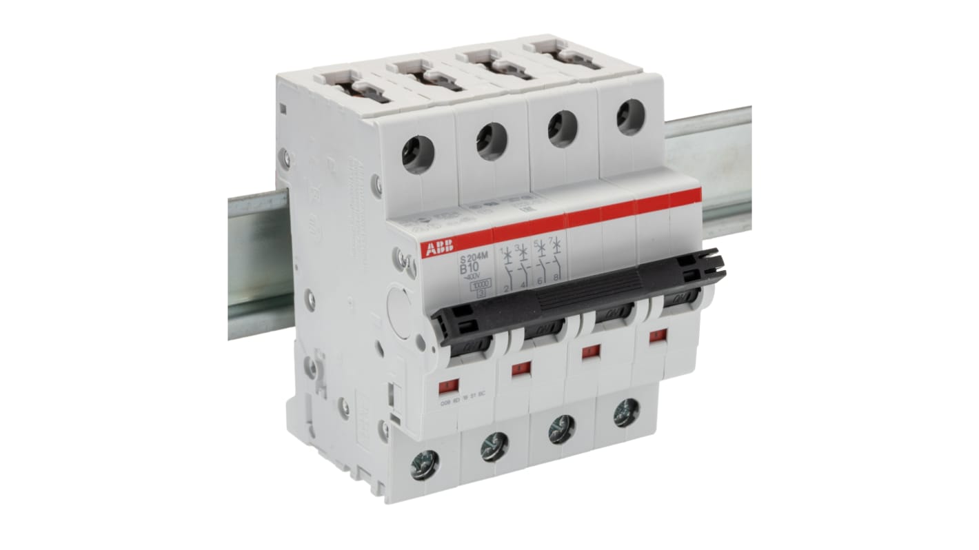ABB System Pro M Compact S200M MCB, 4P, 10A Curve B, 400V AC, 15 kA Breaking Capacity