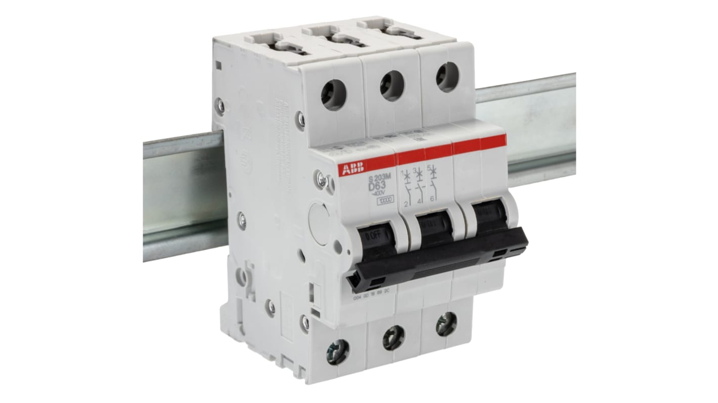 ABB System Pro M Compact S200M MCB, 3P, 63A Curve D, 400V AC, 15 kA Breaking Capacity
