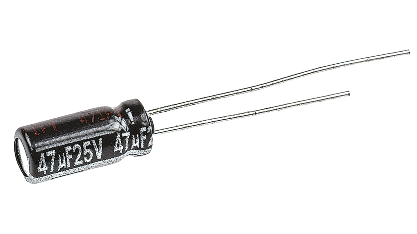 Condensador electrolítico Panasonic serie EB-A, 47μF, ±20%, 25V dc, Radial, Orificio pasante, 5 (Dia.) x 11mm, paso 2mm