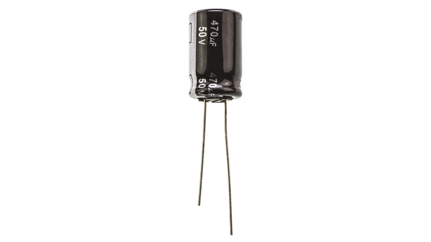 Condensador electrolítico Panasonic serie EB(A), 470μF, ±20%, 50V dc, Radial, Orificio pasante, 12.5 (Dia.) x 20mm,