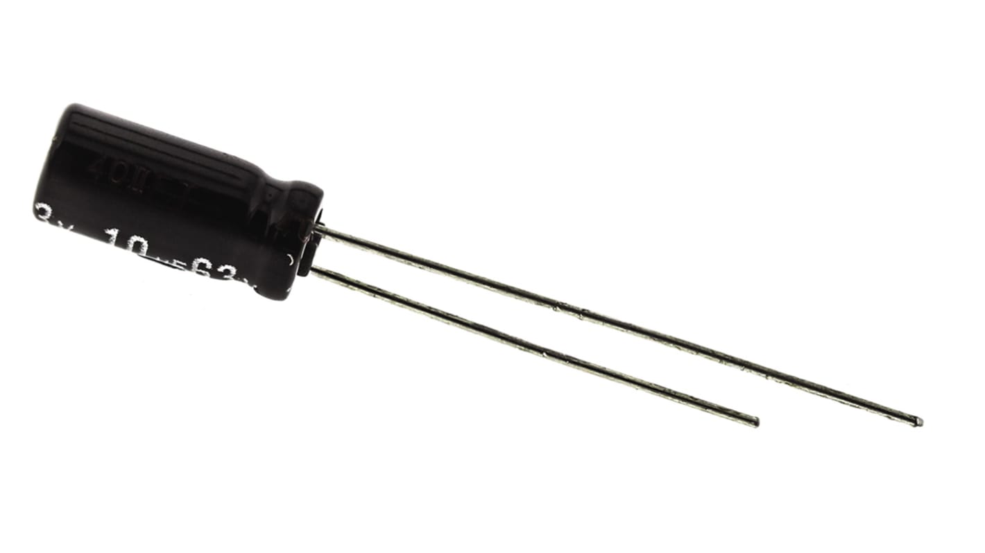 Panasonic 直插铝电解电容, 10μF, 63V 直流, 5 (Dia.) x 11mm, 最高+105°C, EB-A系列