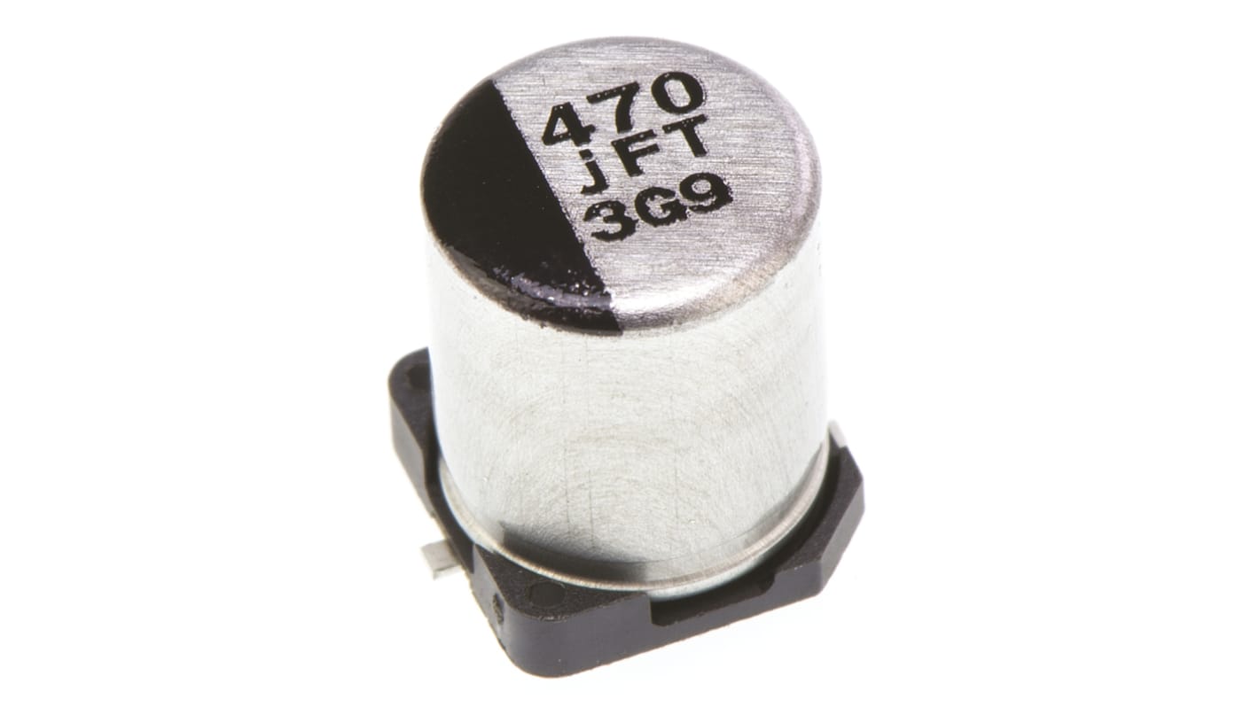 Condensatore Panasonic, serie FT SMD, 470μF, 6.3V cc, ±20%, +105°C, SMD