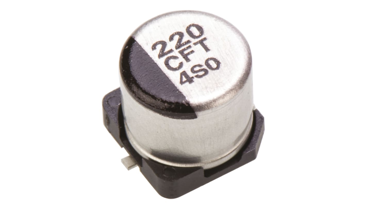 Condensatore elettrolitico Panasonic, serie FT, 220μF, 16V cc, ±20%, +105°C, SMD