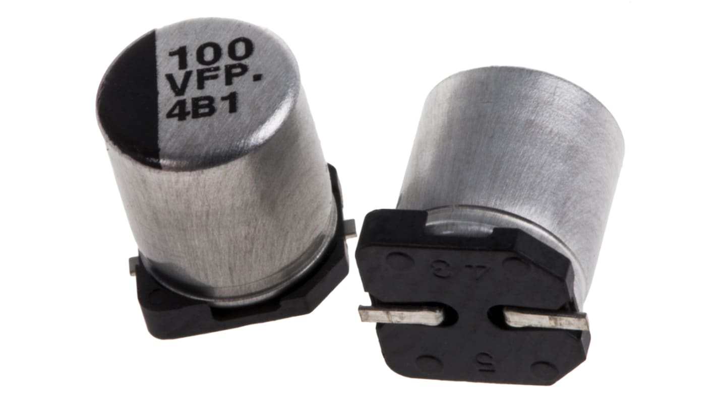 Panasonic , SMD Aluminium-Elektrolyt Kondensator 100μF ±20% / 35V dc, Ø 6.3mm x 7.7mm, bis 105°C