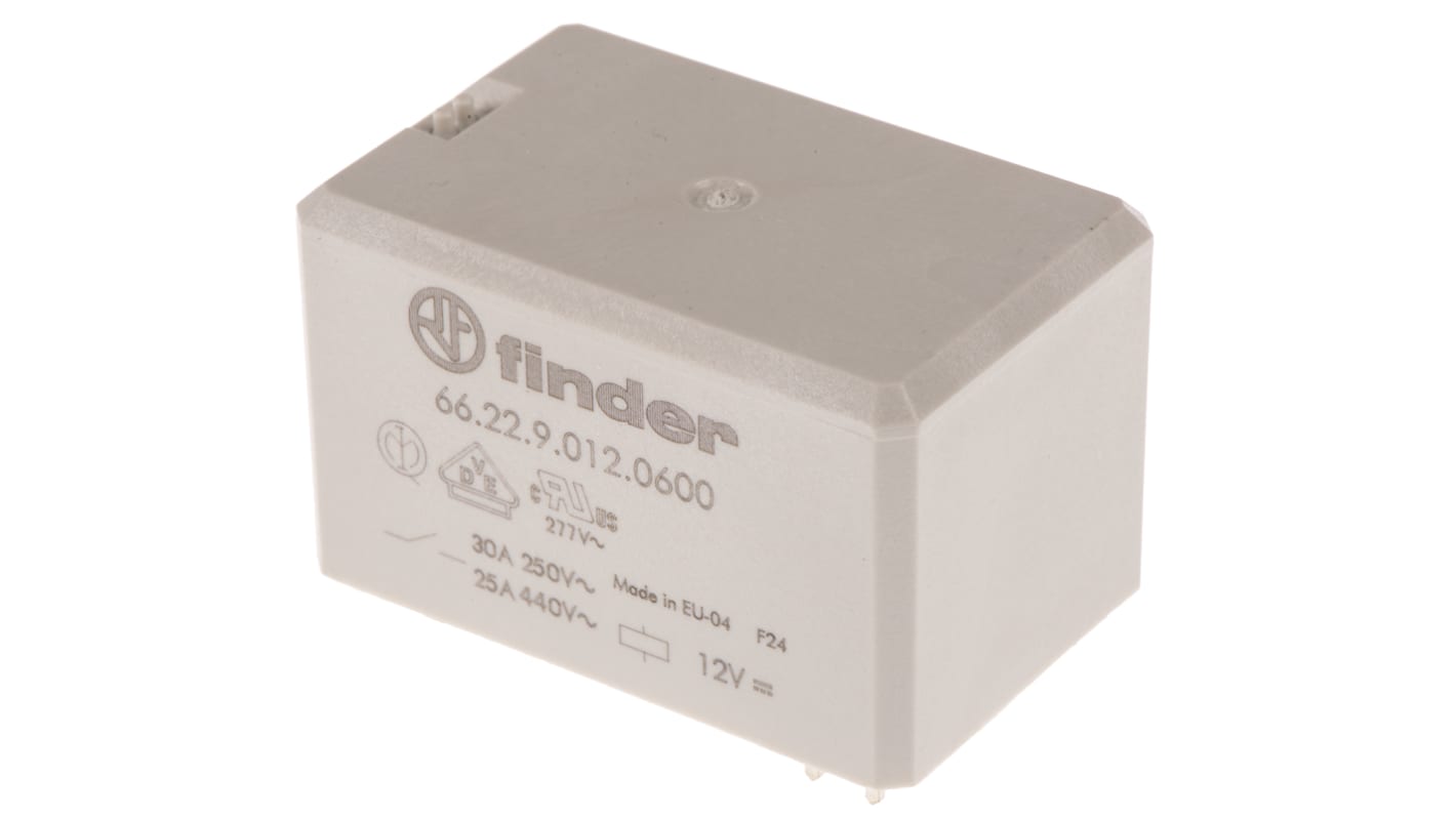 Relè di potenza Finder serie 66, DPST, bobina 12V cc, Montaggio su circuito stampato