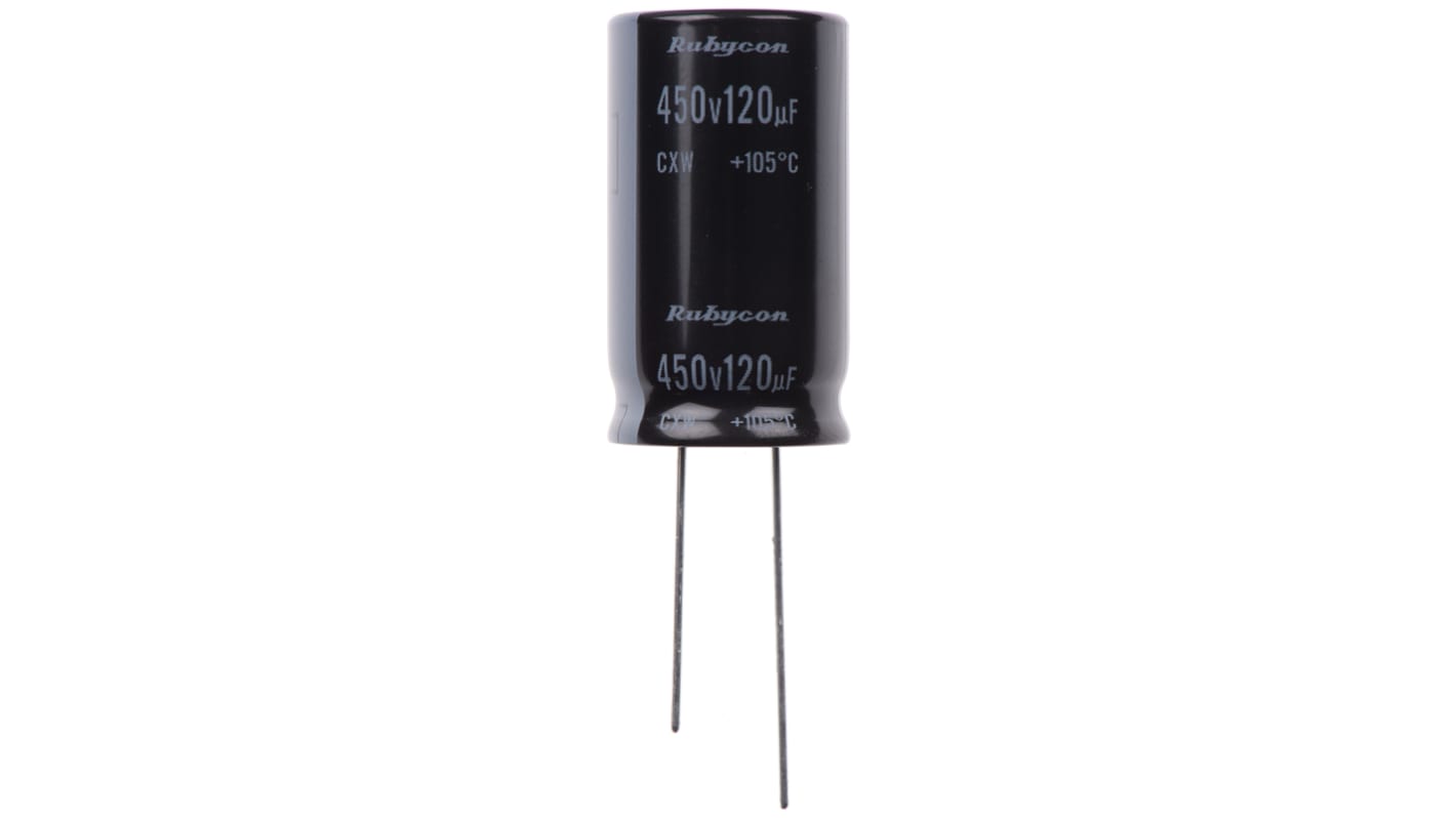 Rubycon 120μF Aluminium Electrolytic Capacitor 450V dc, Radial, Through Hole - 450CXW120MEFC18X31.5