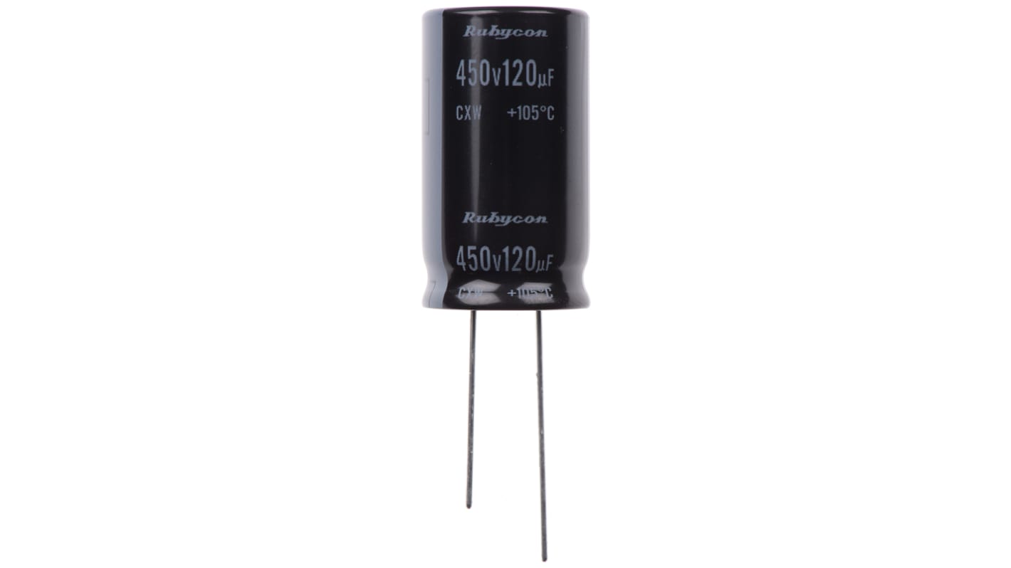 Rubycon 120μF Aluminium Electrolytic Capacitor 450V dc, Radial, Through Hole - 450CXW120MEFC18X31.5