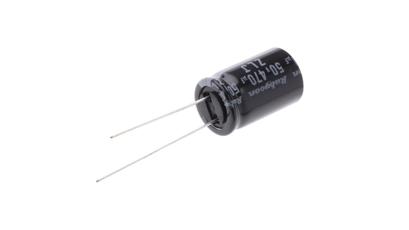 Condensador electrolítico Rubycon serie ZLJ, 470μF, ±20%, 50V dc, Radial, Orificio pasante, 12.5 (Dia.) x 20mm, paso 5mm