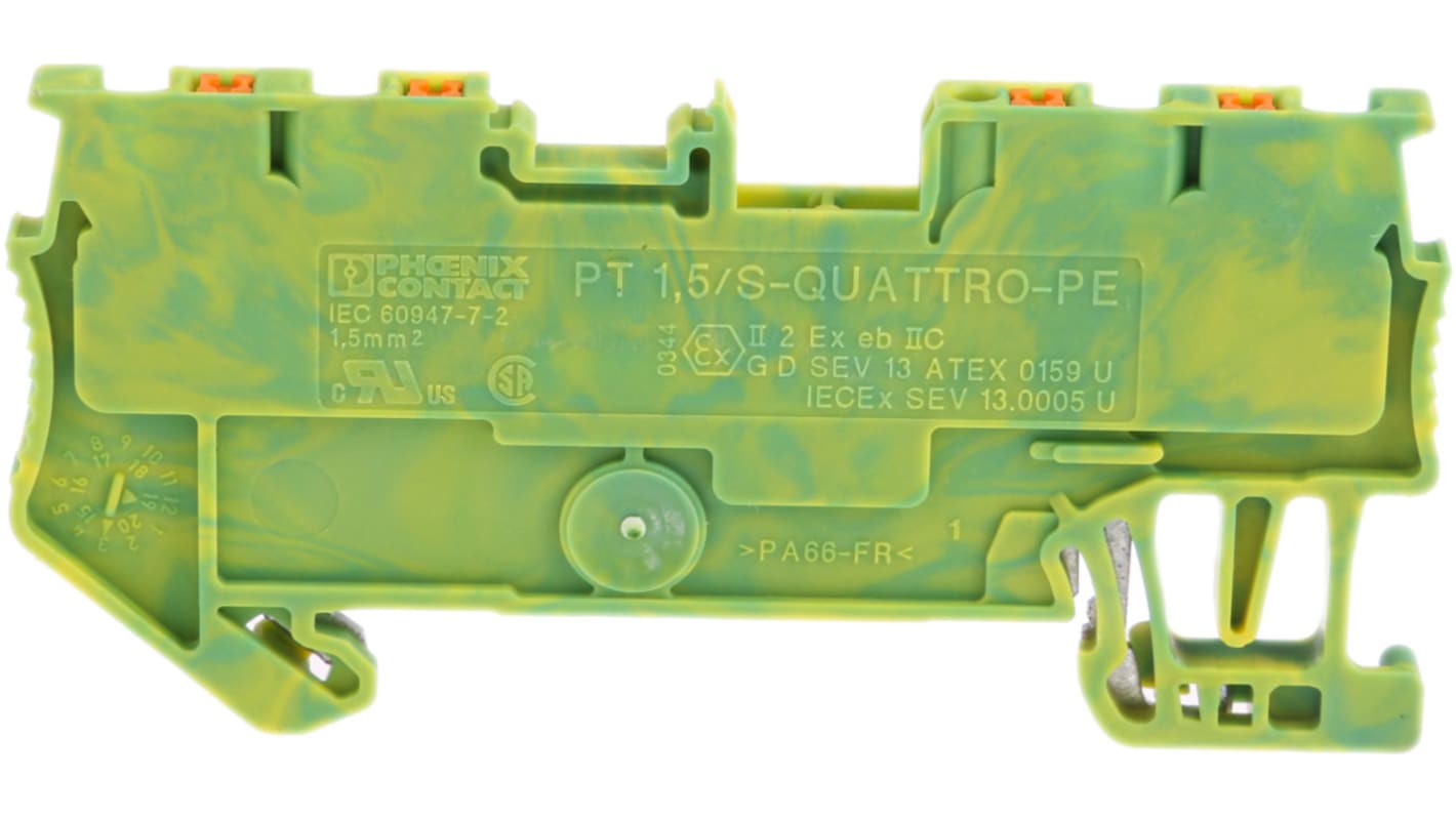 Phoenix Contact 3208333 PT 1.5/S-QUATTRO-PE Series Green/Yellow, 0.14 → 1.5mm², Single-Level, Push In