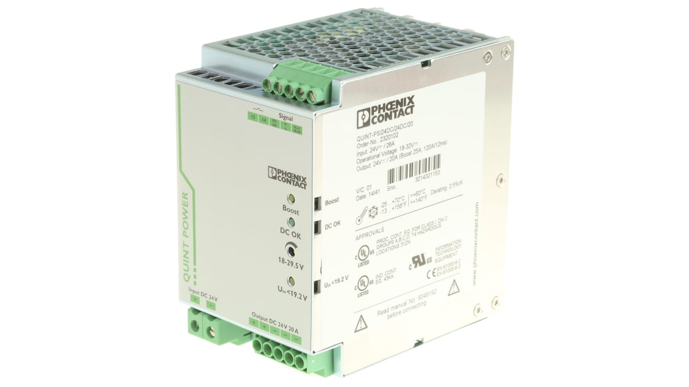 Phoenix Contact QUINT-PS/24DC/24DC/20 DC-DC Converter, 24V dc/ 20A Output, 18 → 32 V dc Input, 480W, DIN Rail