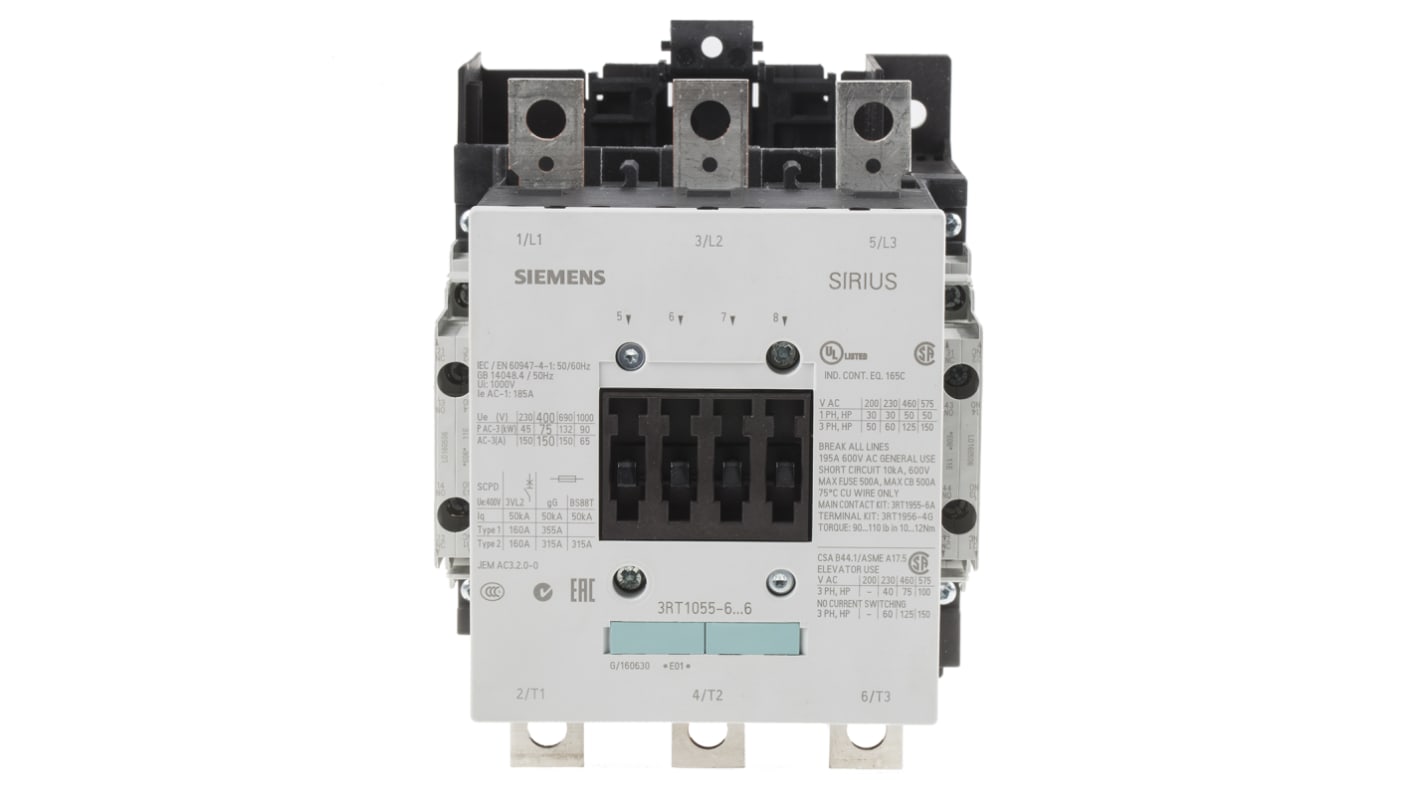 Siemens SIRIUS 3RT Size S6, 3RT1 Contactor, 400 V ac Coil, 3-Pole, 150 A, 75 kW, 3NO, 400 V ac