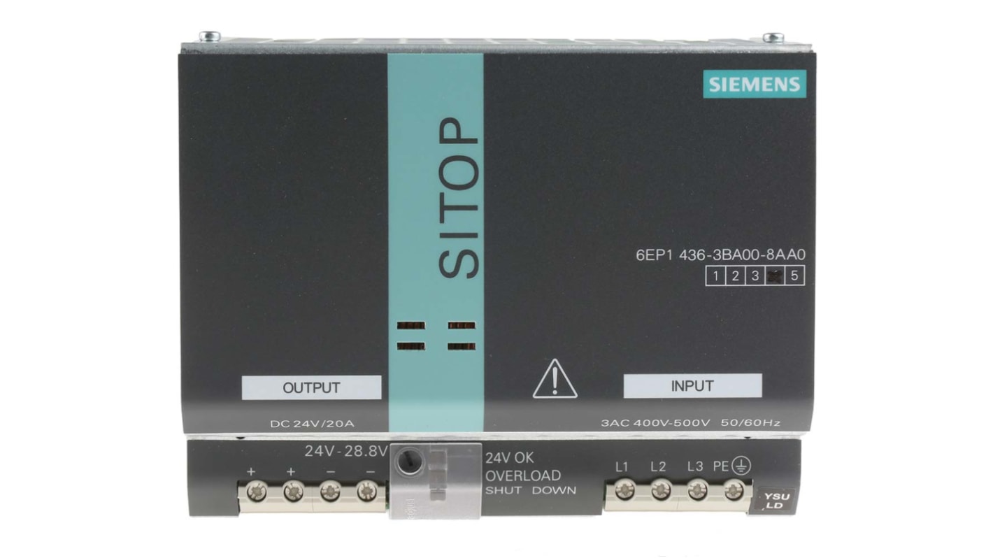 シーメンス SITOP MODULAR PLUS DINレール取付け用スイッチング電源 24V dc, 20A, 480W