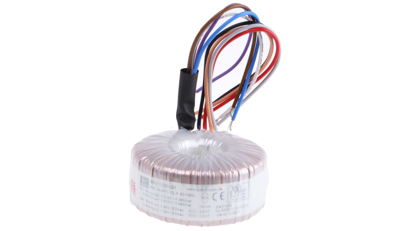 Block 115 V ac, 230 V ac, 2 x 24V ac Toroidal Transformer, 120VA 2 Output