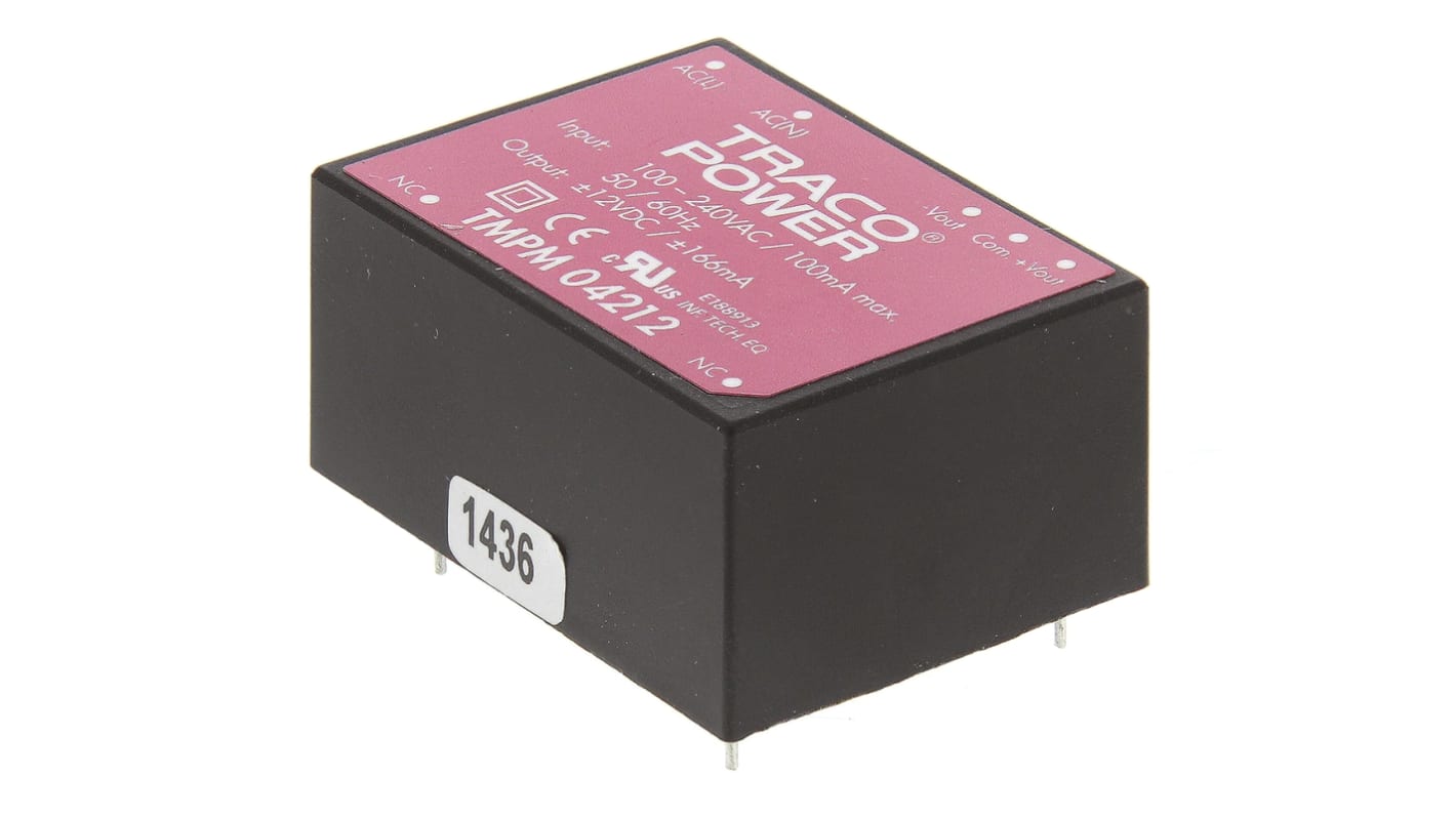 TRACOPOWER Switching Power Supply, TMPM 04212, ±12V dc, 166mA, 4W, Dual Output, 120 → 370 V dc, 85 → 264