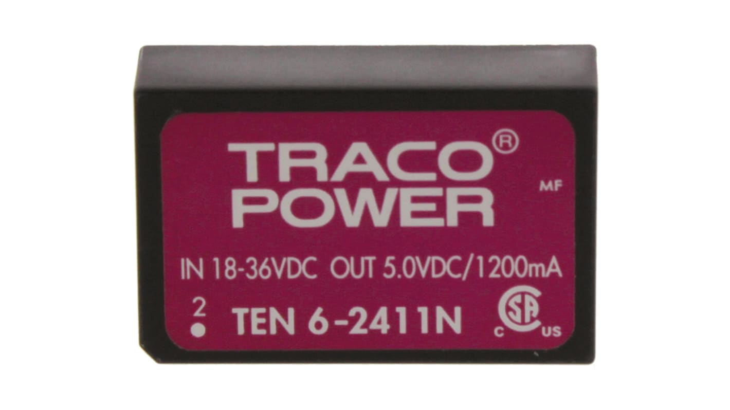 TRACOPOWER 隔离式DCDC转换器, 18 → 36 V 直流输入, 5V 直流输出, 6W, TEN 6N系列