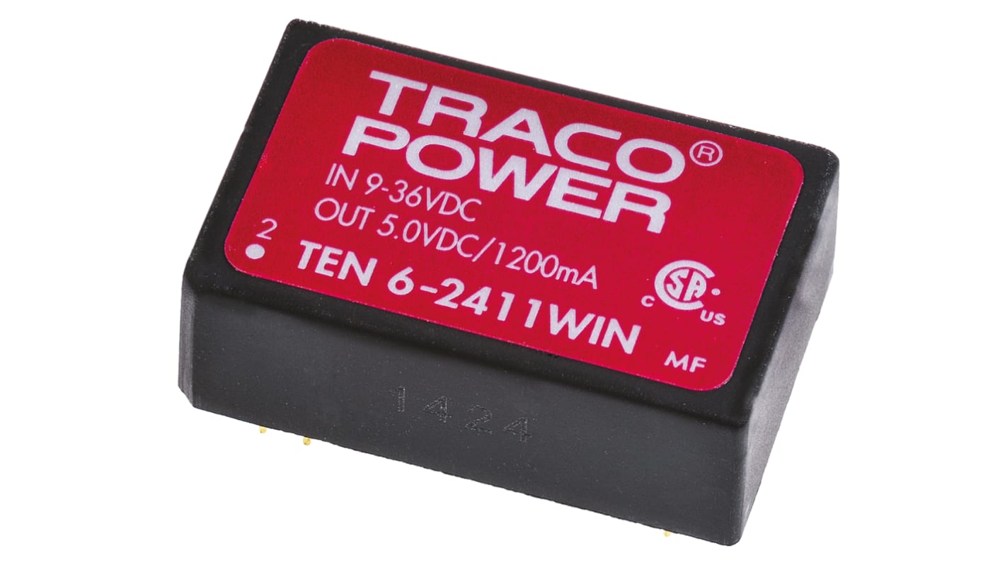 TRACOPOWER TEN 6WIN DC-DC Converter, 5V dc/ 1.2A Output, 9 → 36 V dc Input, 6W, Through Hole, +85°C Max Temp