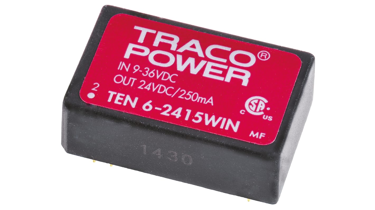 TRACOPOWER TEN 6WIN DC-DC Converter, 24V dc/ 250mA Output, 9 → 36 V dc Input, 6W, Through Hole, +85°C Max Temp