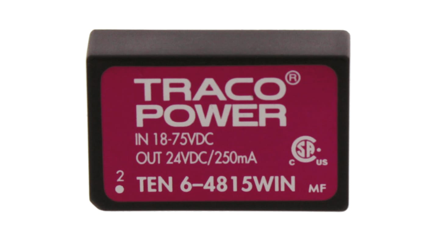 TRACOPOWER TEN 6WIN DC-DC Converter, 24V dc/ 250mA Output, 18 → 75 V dc Input, 6W, Through Hole, +85°C Max Temp