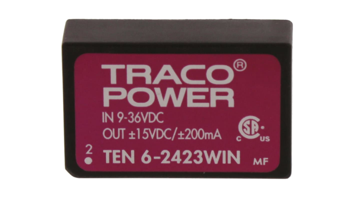 TRACOPOWER TEN 6WIN DC-DC Converter, ±15V dc/ ±200mA Output, 9 → 36 V dc Input, 6W, Through Hole, +85°C Max Temp