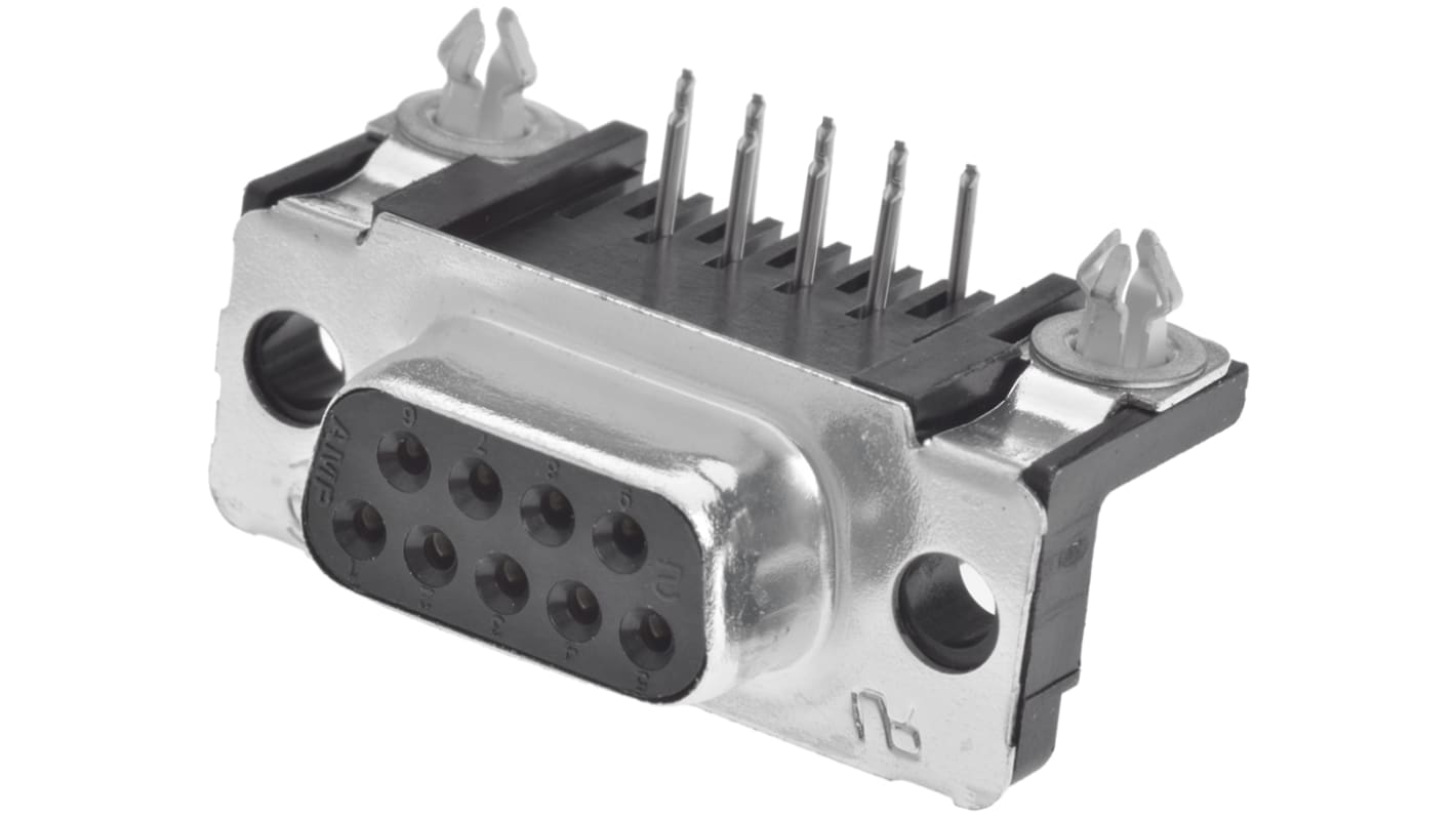 TE Connectivity Amplimite HD-20 9 Way Right Angle Through Hole D-sub Connector Socket, 7.01mm Pitch, with Boardlocks