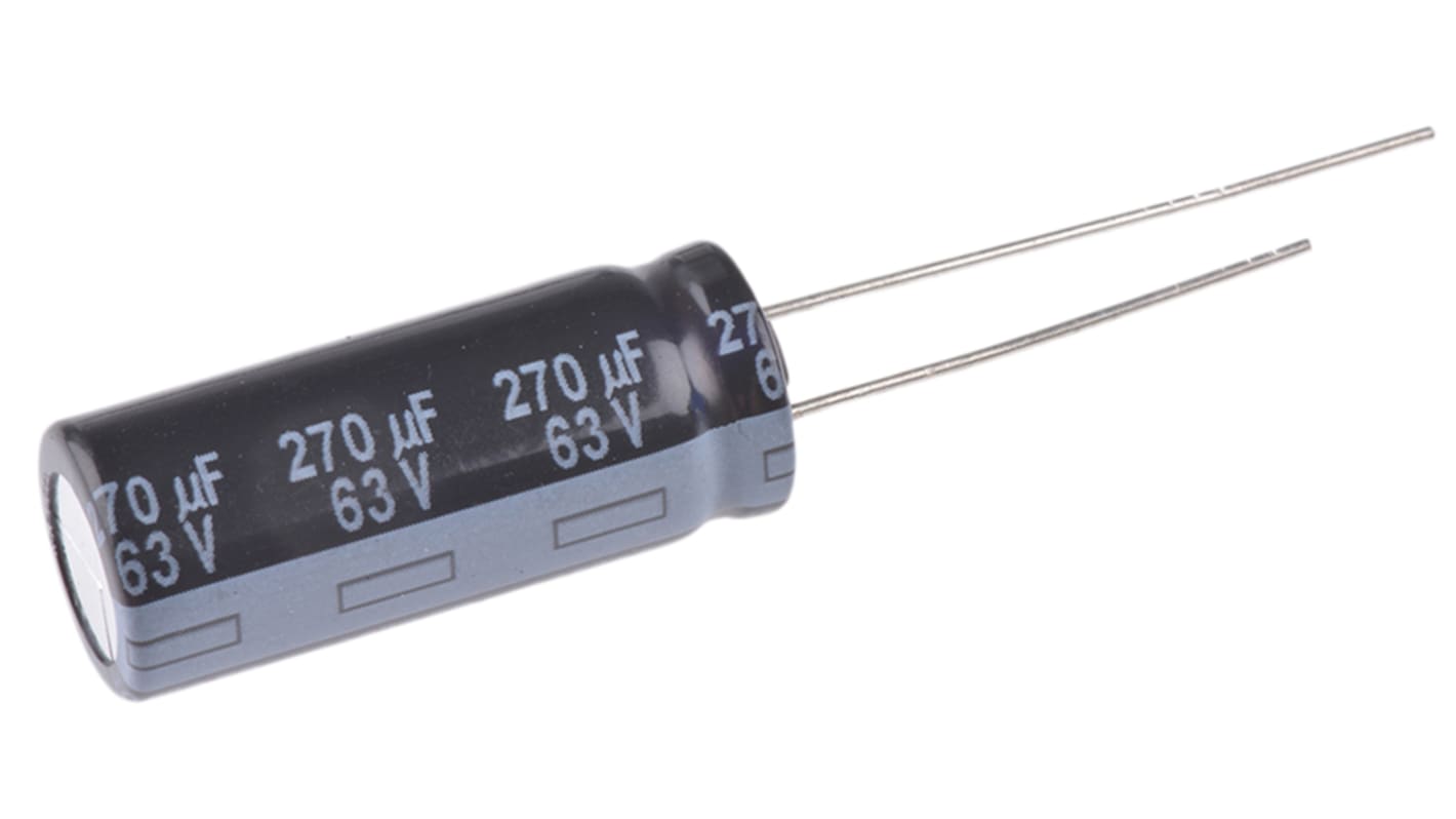 Panasonic FR, THT Aluminium-Elektrolyt Kondensator 270μF ±20% / 63V dc, Ø 10mm x 25mm, bis 105°C