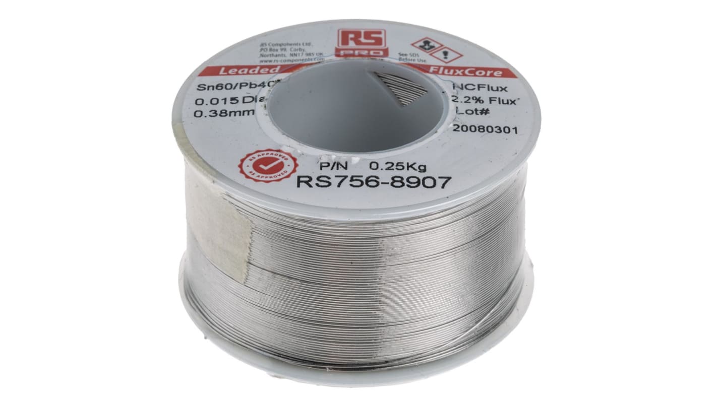Lega saldante con piombo RS PRO, Ø 0.38mm, punto fusione 183°C, 250g